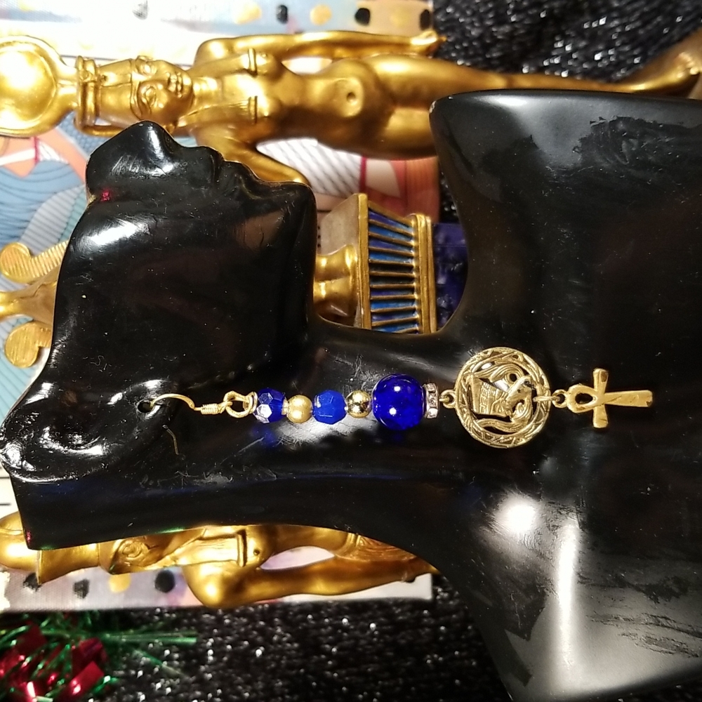 Queen nefertiti with ankh charms blue/gold beaded dangle earrings
